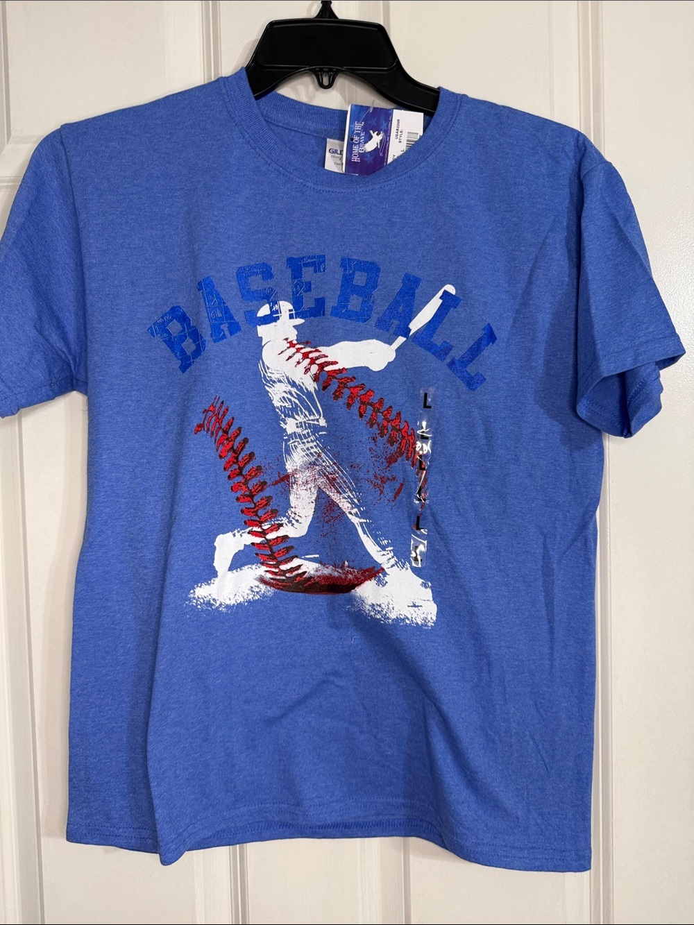 Gildan Blue Short-Sleeve Baseball Graphic Tee with Red and White Accents